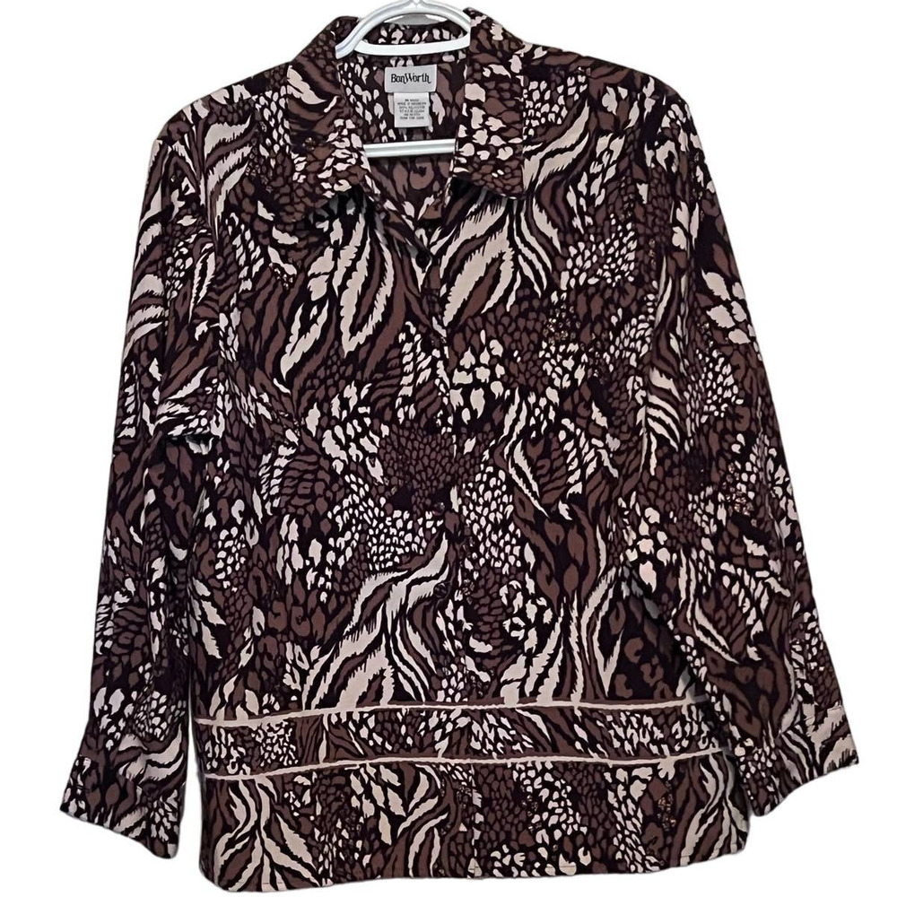 Bon Worth Women's Brown White Sparkles Button Front Blouse Size Small Petite‎